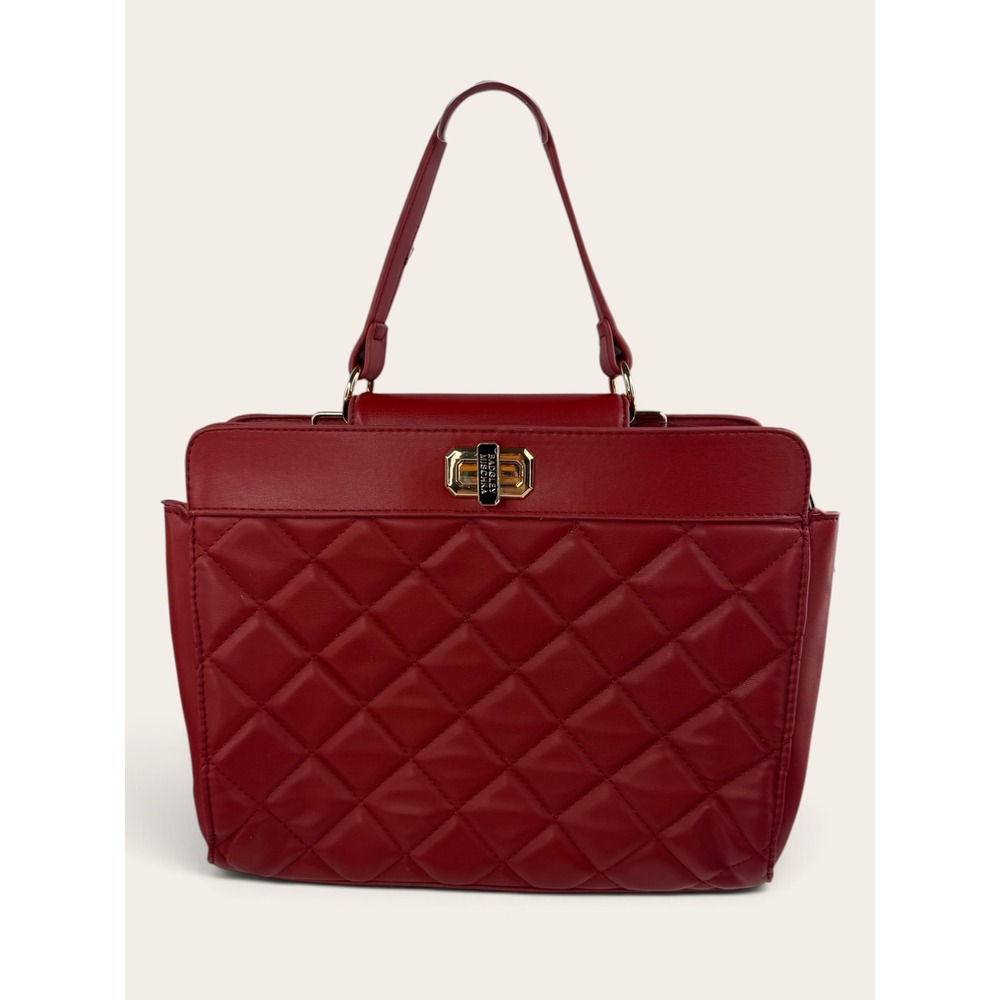 Badgley Mischka Red Quilted Satchel Handbag Gold Turn Lock Top Handle Crossbody